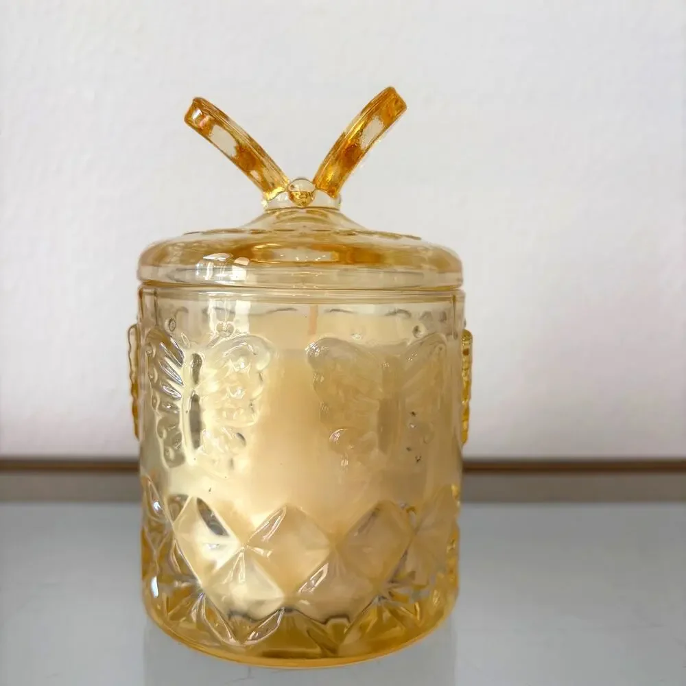 Laura Ashley BUTTERFY MEADOW Soy Blend Candle in Decorative Yellow Jar w/ Lid